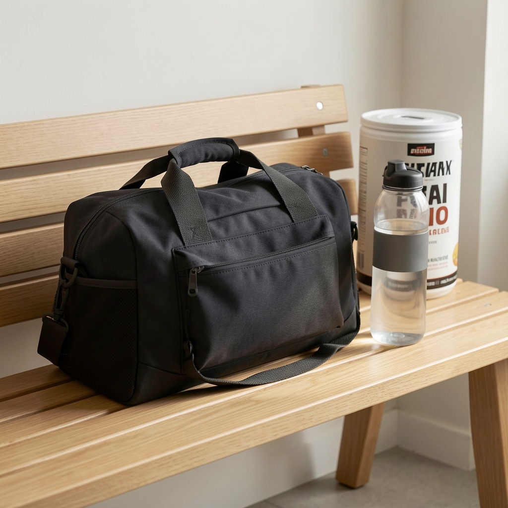 Gym bag and water bottle on a clean wooden bench, protein powder in background, editorial flat lay composition with neutral tones